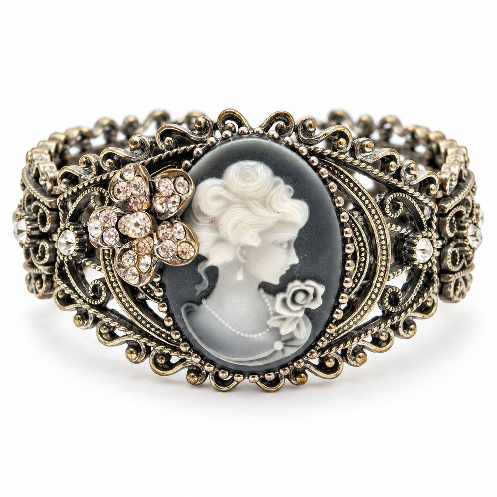Vintage Style Cameo Cuff Bracelet Victorian Rhinestone Filigree Silver Tone